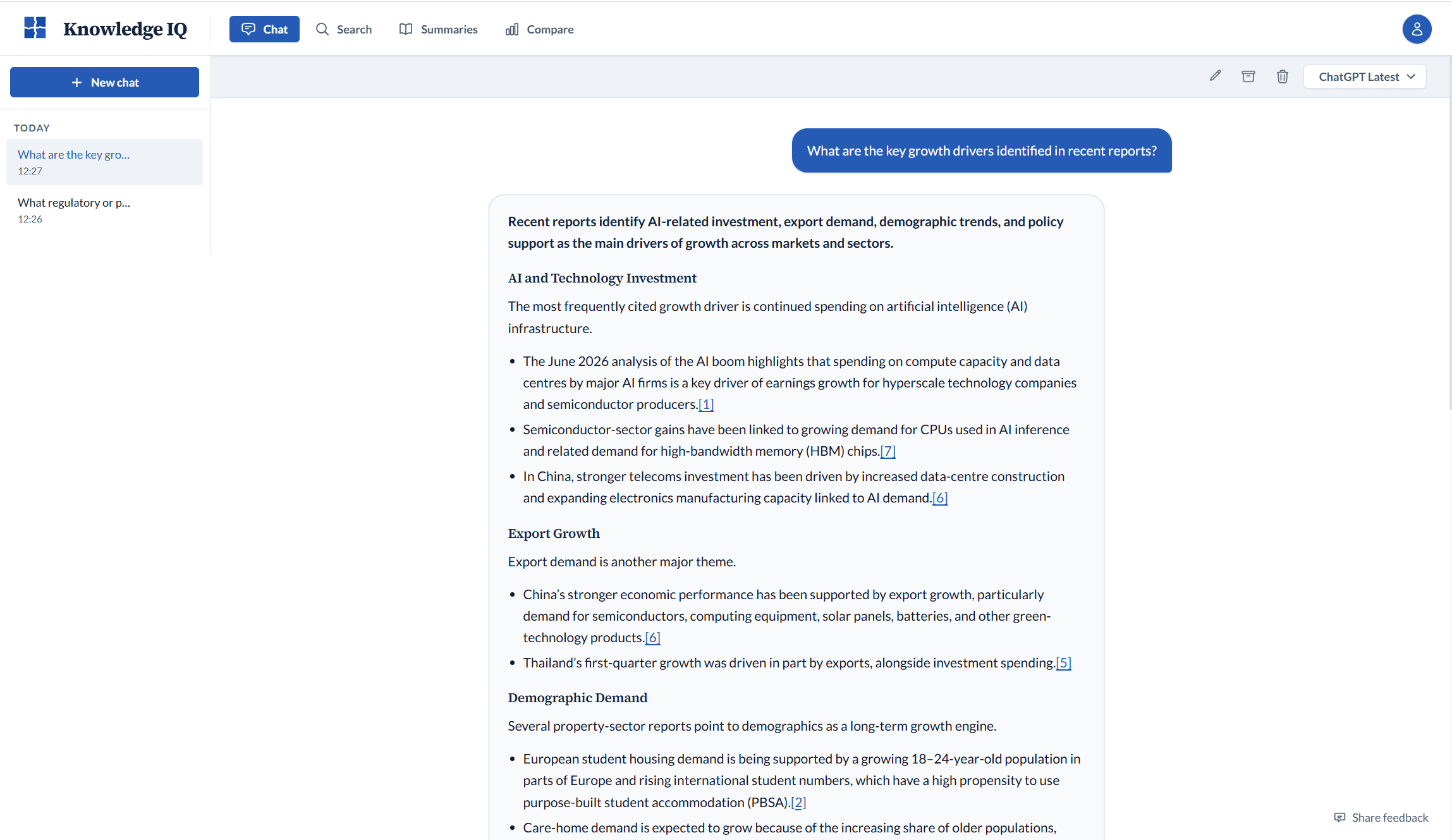 Knowledge IQ demonstration: a plain-language question about growth drivers answered with a structured, cited synthesis across a report library, with numbered source citations inline.